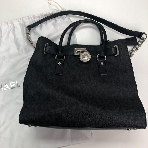 Michael Kors Black Logo Monogram Large Hamilton Satchel Bag Handbag Purse - Picture 4 of 8